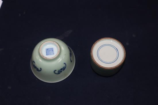 A Chinese blue and white tea bowl and a Chinese green glazed ink pot tallest 6cm